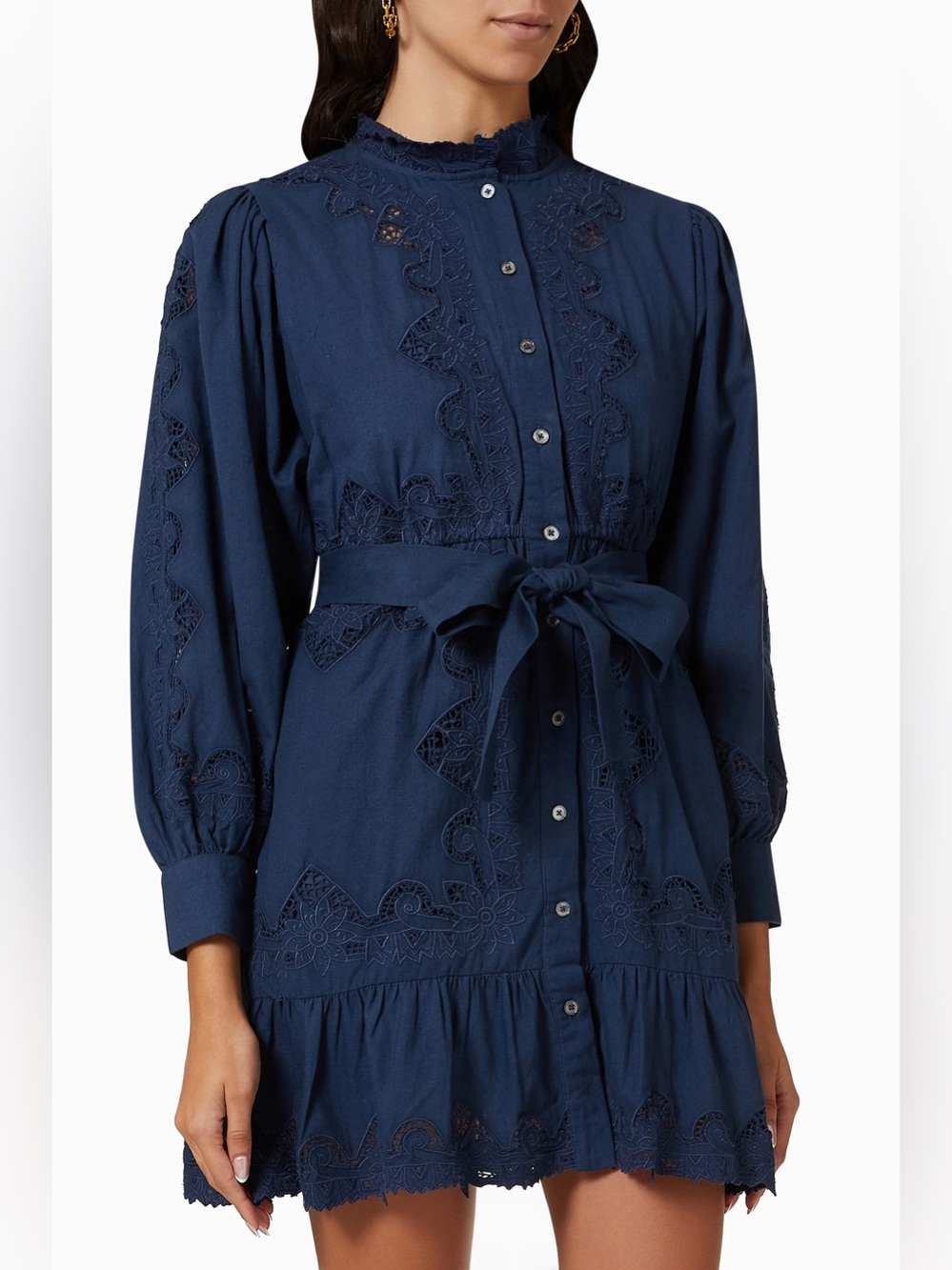 Sea Navy Eyelet Lace Linen Button-Front Tunic Dress 10